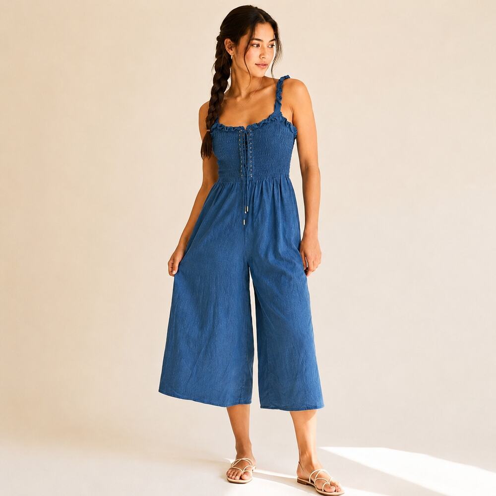 Elliatt Alanis Deep Jade Smocked Wide Leg Jumpsuit Small Boho Resort Vacation